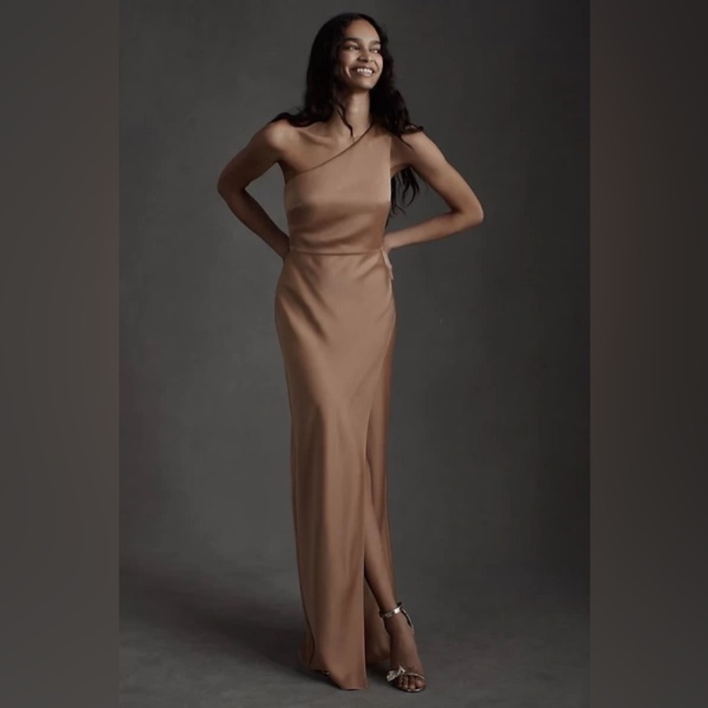 BHLDN Anthropology Dylan One Shoulder Satin Dress - 12, Color Sand Dune